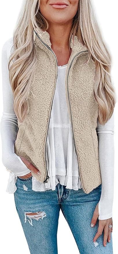 LOMON Womens Fuzzy Sherpa Fleece Jacket Lightweight Vest Cozy Sleeveless Cardigan Zipper Waistcoa... | Amazon (US)