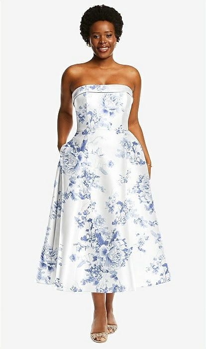 Cuffed Strapless Floral Satin Twill Midi Dress with Full Skirt and Pockets in Cottage Rose Larksp... | The Dessy Group