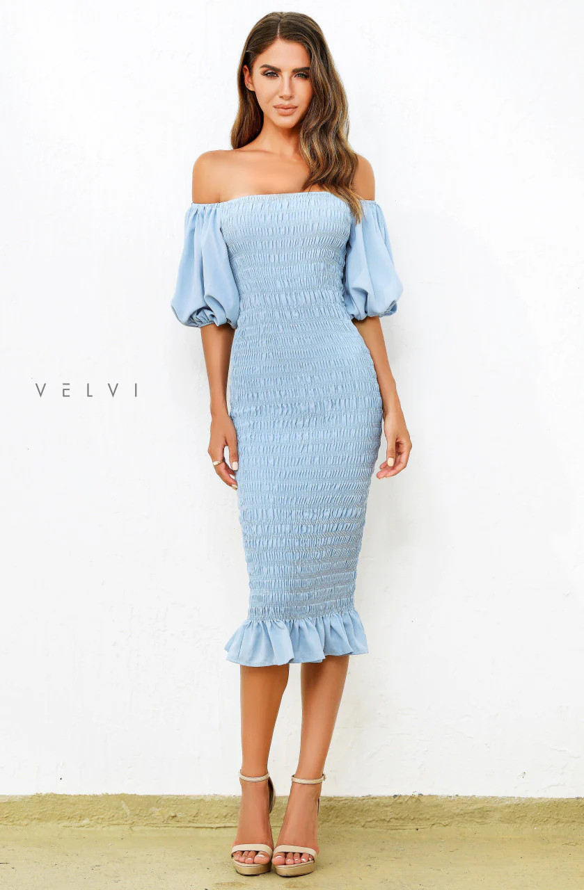 Skyla Shirred Midi Dress - LIGHT BLUE | Lady Black Tie