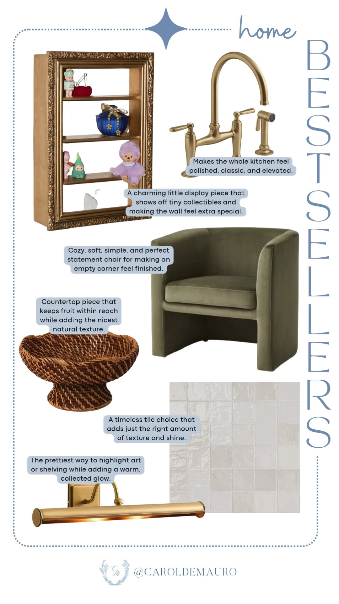 These are the home pieces our followers can't stop buying! A gold faucet, velvet chair, and collectibles shelf that all bring so much character to a space.

home bestsellers, gold kitchen faucet, velvet accent chair, home decor favorites, kitchen upgrade, collectible shelf decor, weekly home picks

#LTKHome