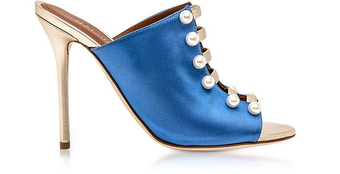 Malone Souliers Zada Blue and Platinum Satin High Heel Mules | Forzieri US & CA