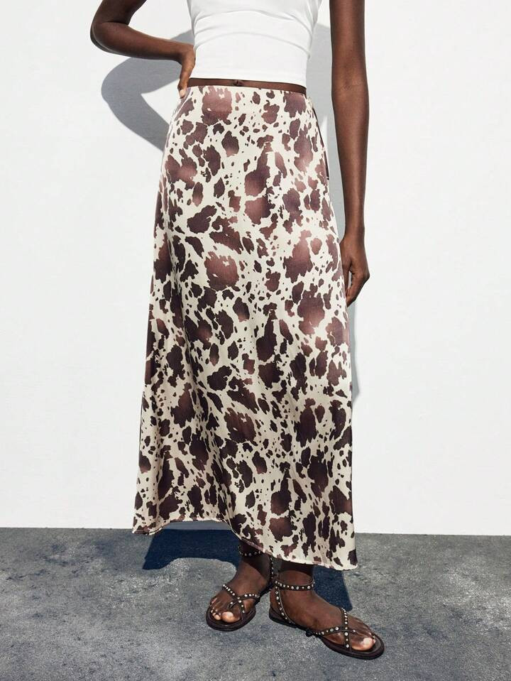 Maija Women's Elegant Fashionable Full-Print Skirt Animal Print Resort Wear Cow Print Maxi Skirt Long Skirt Printed Maxi Skirt | SHEIN