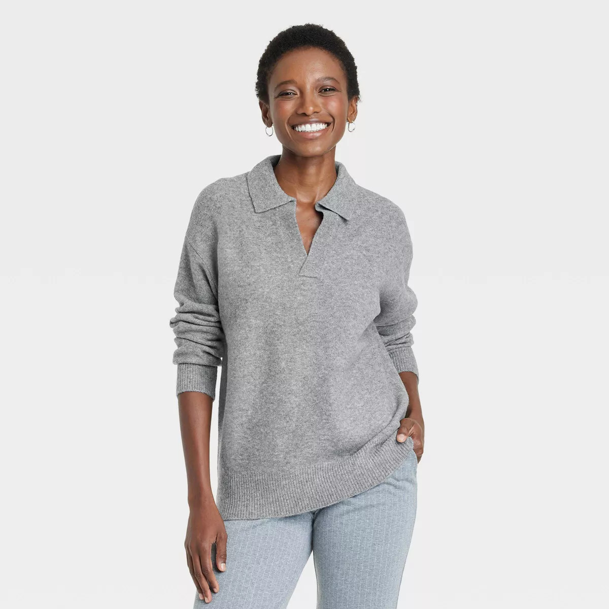 Women's Cozy Knit Polo Collar Pullover Sweater - A New Day™ Gray L | Target