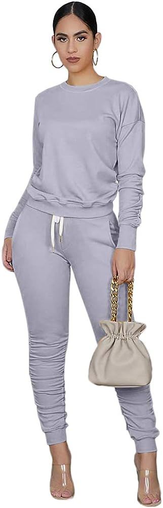 2 Piece Long Sleeve Outfits for Women Sweatsuit Set Solid Color Sport Suit Activewear | Amazon (US)