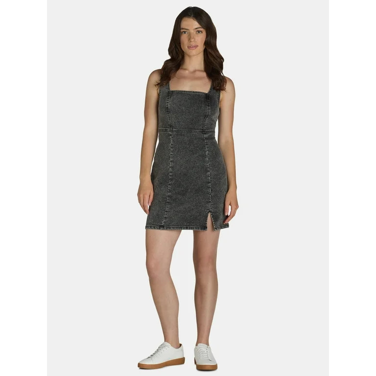 No Boundaries Denim Square Neck Pinafore Dress, Women’s - Walmart.com | Walmart (US)