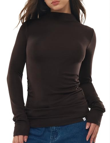 C202 Mock Neck Tops for Women Long Sleeve Shirts Turtleneck Slim Fit Basic Tee Shirt Fitted Knit Going Out Top Trendy, Chocolate Large | Amazon (US)