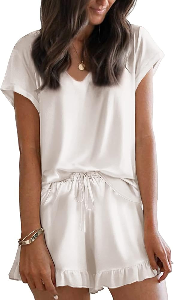 Ekouaer Satin Pajamas for Women Short Sleeve Silk Sleepwear Two Piece Pj Sets with Ruffled Shorts... | Amazon (US)