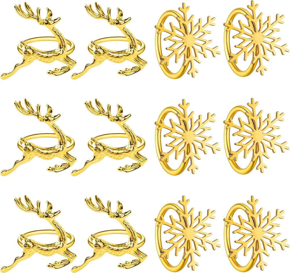 Homotte Gold Christmas Napkin Rings Set of 12, Christmas Reindeer and Snowflake Napkin Holders fo... | Amazon (US)