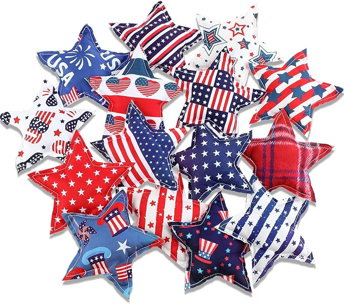 Oudain 15 Pcs Large 5 Inch Patriotic Star Tree Ornaments Stuffed Fabric Star 4th of July Memorial... | Amazon (US)