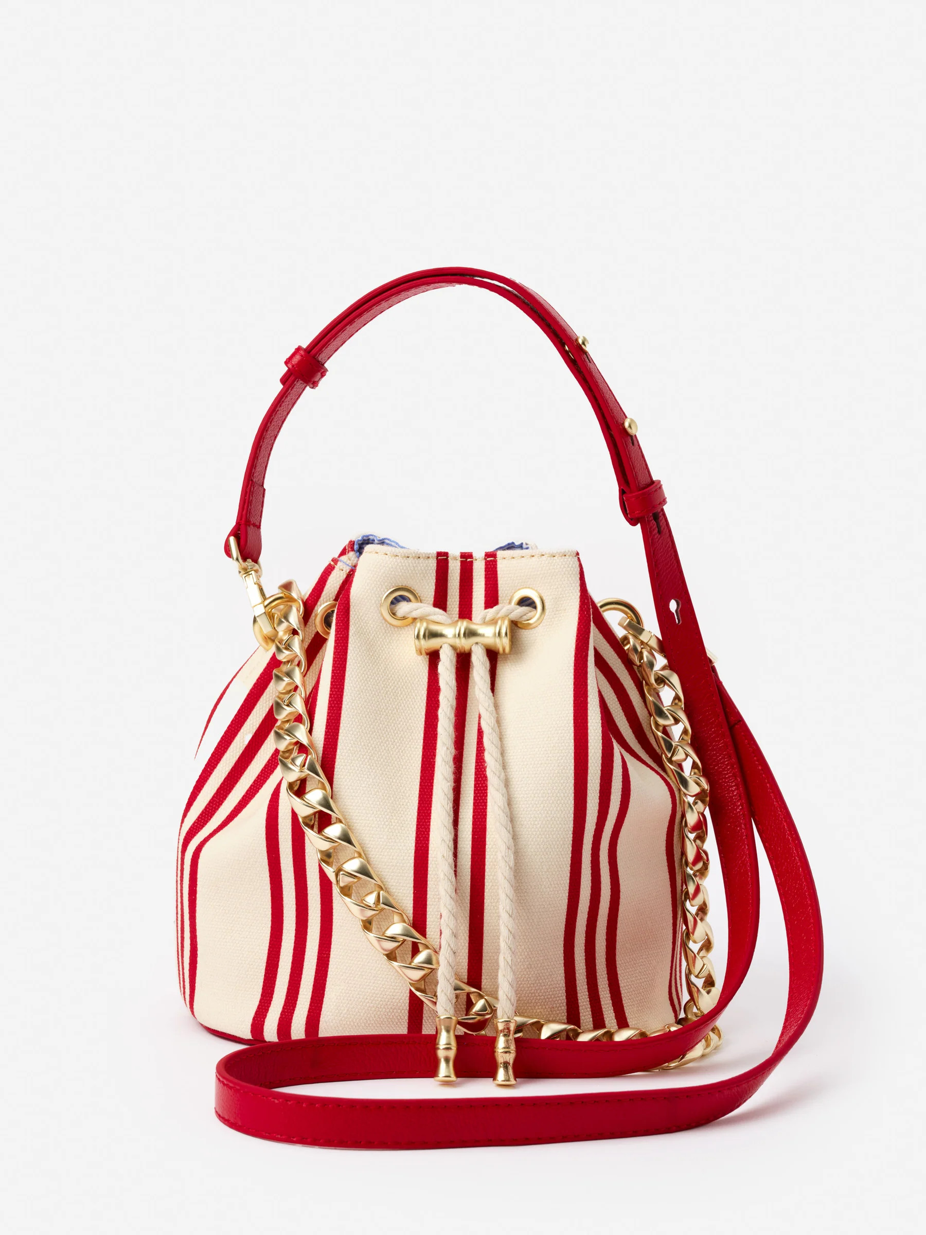 Red_Poppy Stripe Daisy Canvas Bucket Bag | Women's Handbags | J.McLaughlin | J.McLaughlin