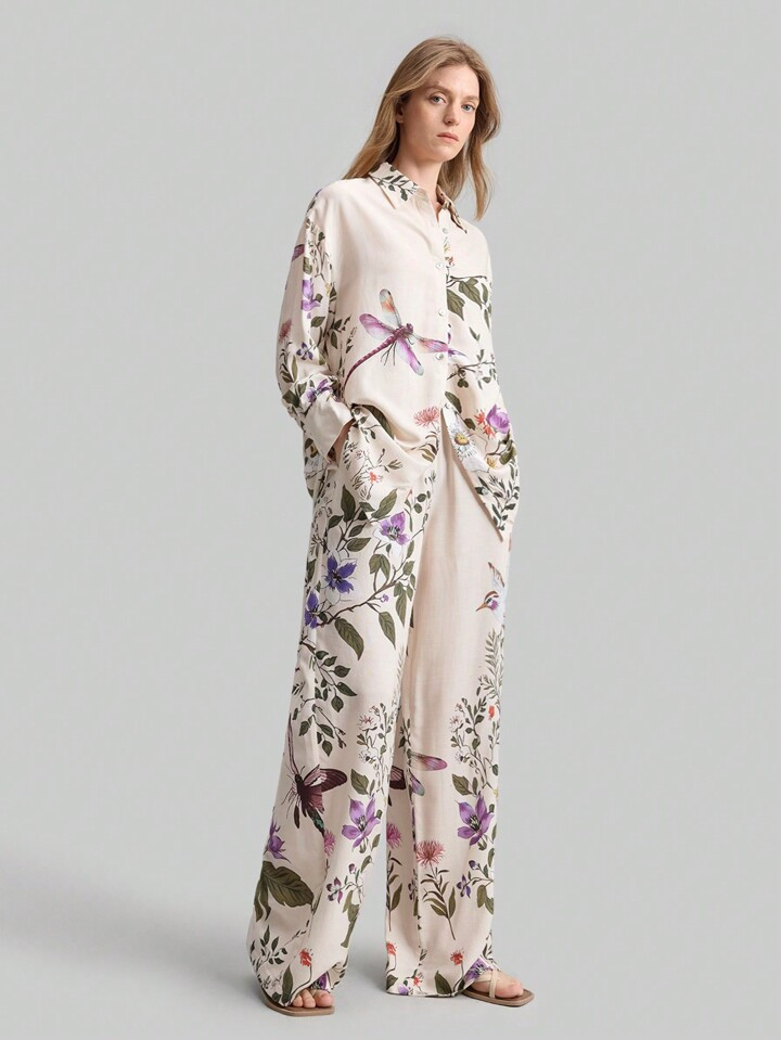 Ontre 2pcs/Set Women's Bohemian Style Floral & Plant Print Long Sleeve Shirt And Loose Pants Suit, Comfortable Linen Fabric, Ideal For Vacation, Spring & Summer | SHEIN