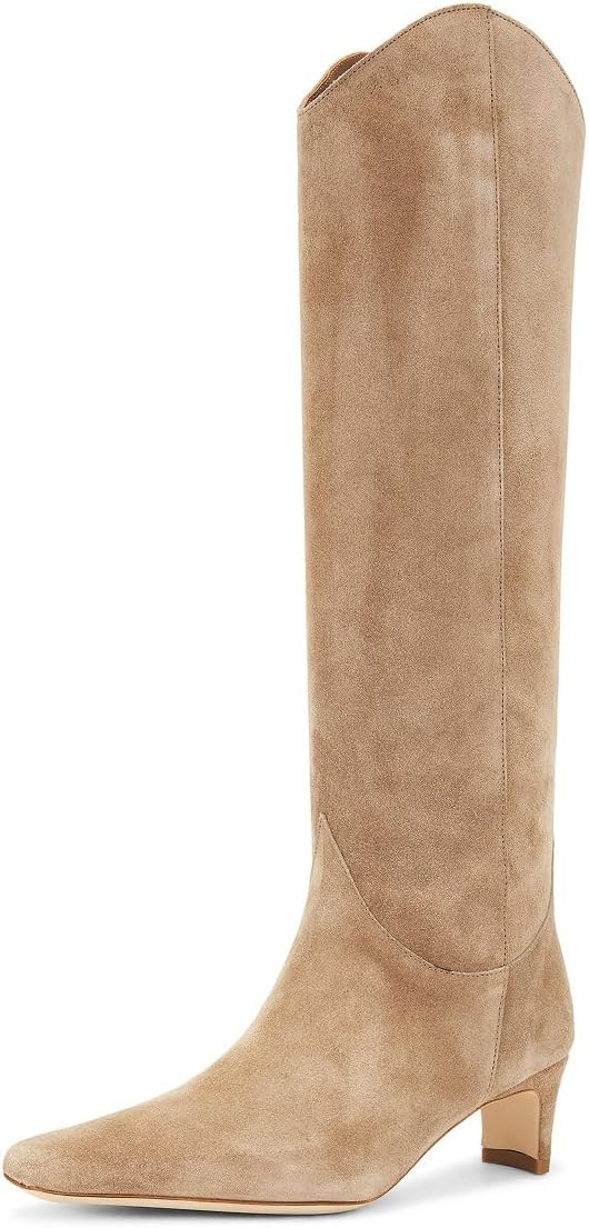 Women Chic Wide Calf Square Toe Knee High Boots Low Heel Pull On Warm Long Booties Dressy Winter Daily Party Shoes Size 4-16 US | Amazon (US)