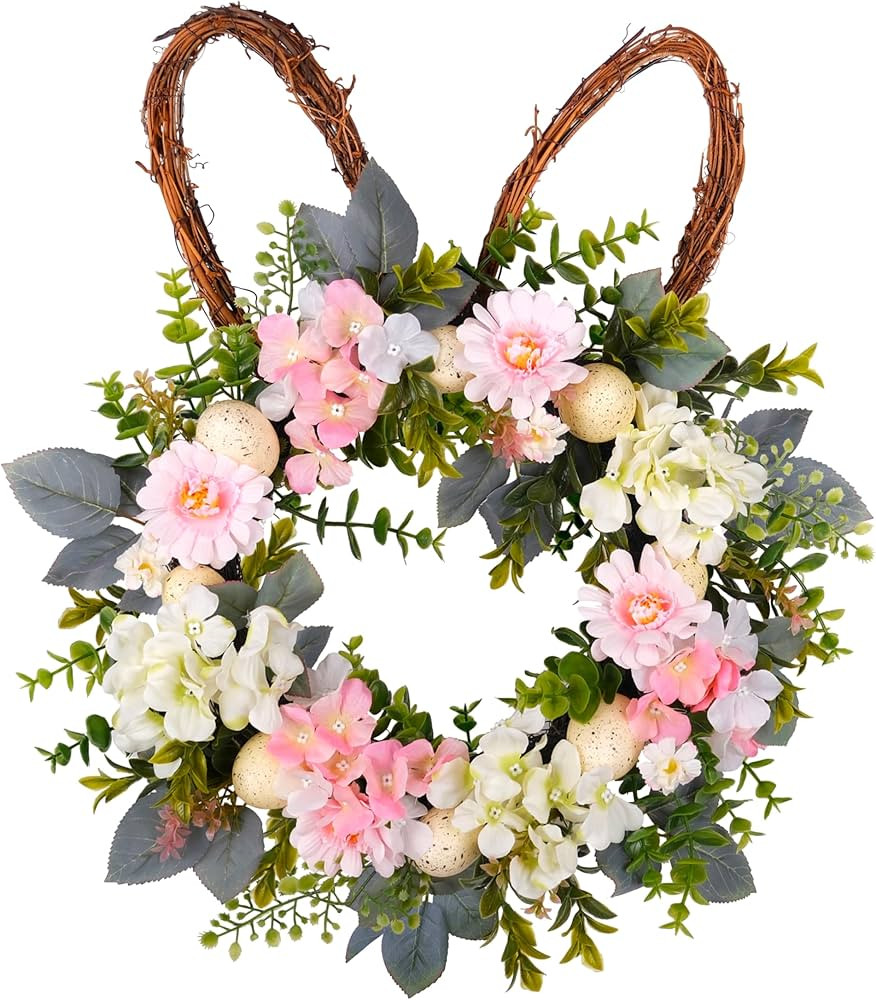Spring Easter Bunny Wreath with Artificial Daisy Hydrangea Egg, Spring Easter Decor for Home Door... | Amazon (US)