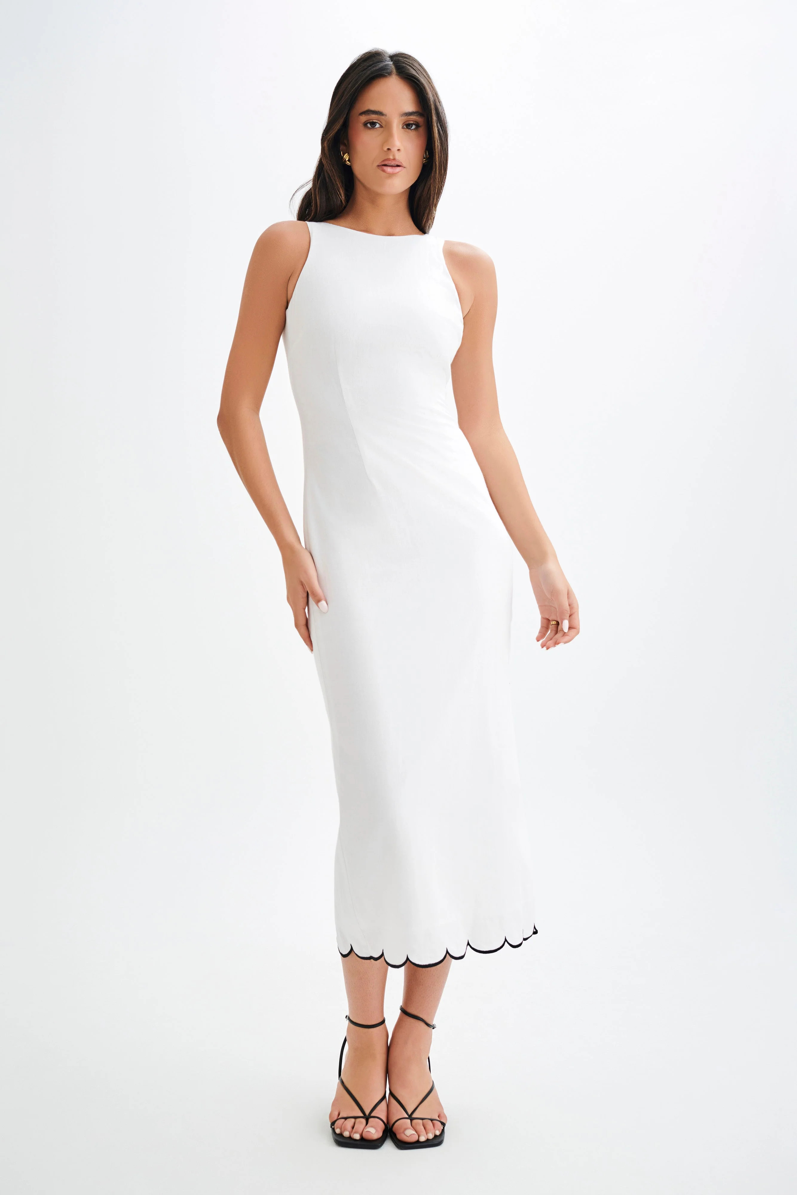 Scalloped Linen Midi Dress - Ivory | MESHKI US