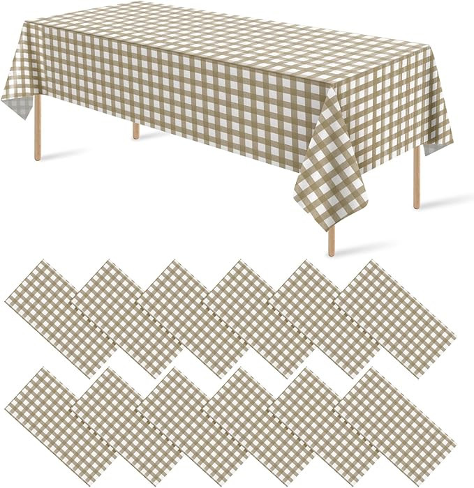 12 Pack Brown and White Plastic Checkered Tablecloth, Premium Decorative Disposable Tan Gingham P... | Amazon (US)