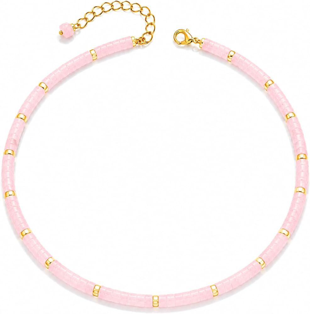 Natural Heishi Gemstone Choker Necklace for Women, Adjustable 15"+2" Beaded Layering Necklace, Co... | Amazon (US)