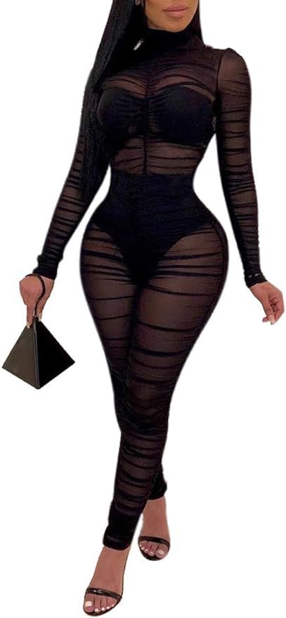 Uni Clau Women One Piece Outfits Mesh Sheer Bodycon Jumpsuit Long Sleeve See Through Party Jumpsu... | Amazon (US)
