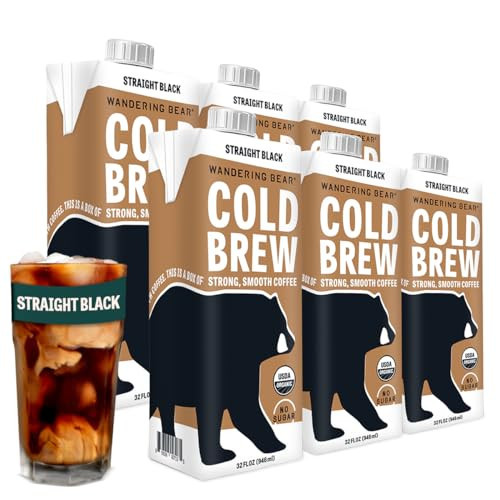 Wandering Bear Straight Black Organic Cold Brew Coffee, 32 fl oz, 6 pack - Extra Strong, Bold, Smooth, Unsweetened, Shelf-Stable, Ready to Drink, 100% Organic, Iced Cold Brewed Coffee Drinks | Amazon (US)