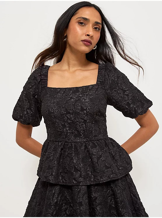 Black Floral Puff Sleeve Peplum Soft Jersey Top | George
