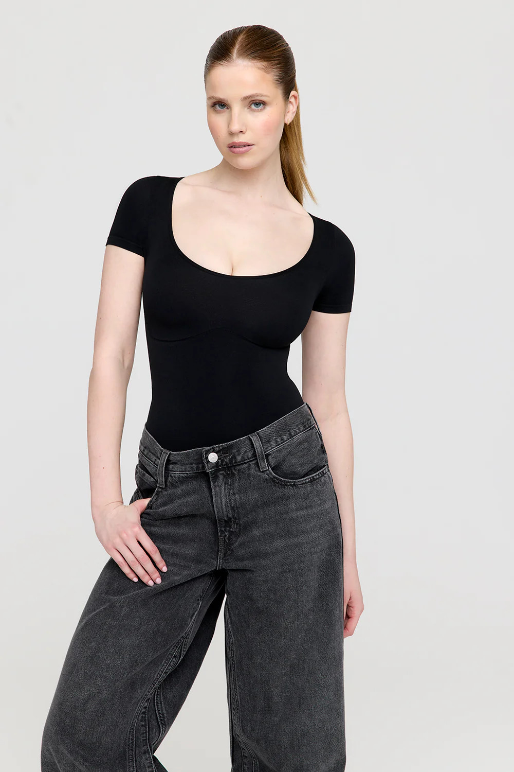 365 Contour Short Sleeve Shaping Bodysuit - Shadow Black | TALA (UK)
