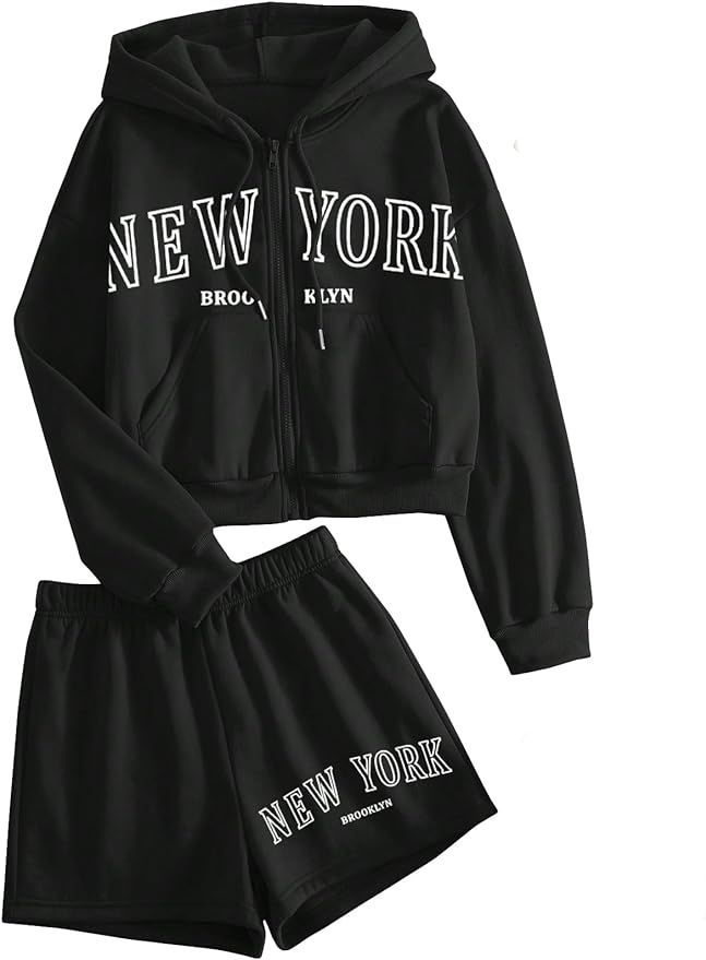 Verdusa Women's 2 Piece Letter Graphic Sweatsuit Sets Zip Up Hooded Sweatshirt and Shorts | Amazon (US)