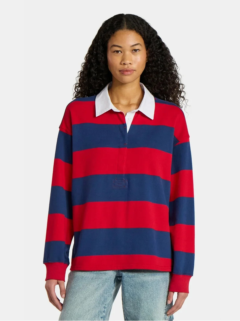 No Boundaries French Terry Rugby Polo Top with Long Sleeves, Women's - Walmart.com | Walmart (US)