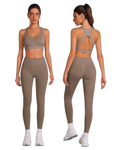 Workout Set for women 2 Piece Light Brown Work Out Sets, High-Waisted Tummy Control Tank Top for Athletic,Yoga, Gym Medium | Amazon (US)