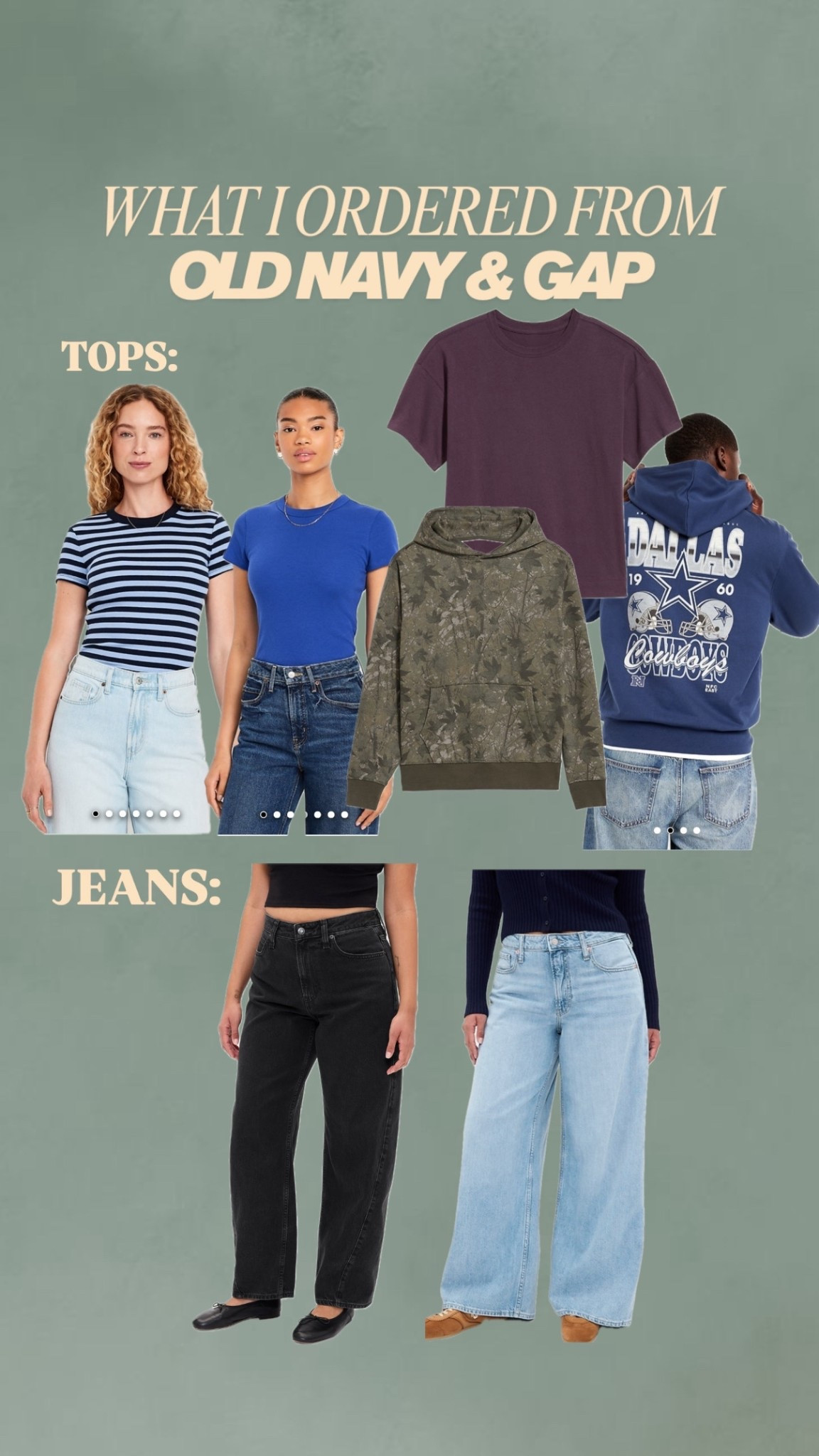 My recent Old Navy & Gap order 🔥 
Got a large in the short sleeves, large in the camo sweater, and an XL in the NFL sweater. And a 29 petite in both jeans :)