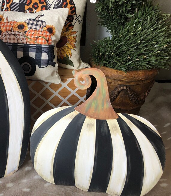 Large Short Black & White Striped Pumpkin Metal Stake: Fall Halloween 2021 Collection | Etsy (US)
