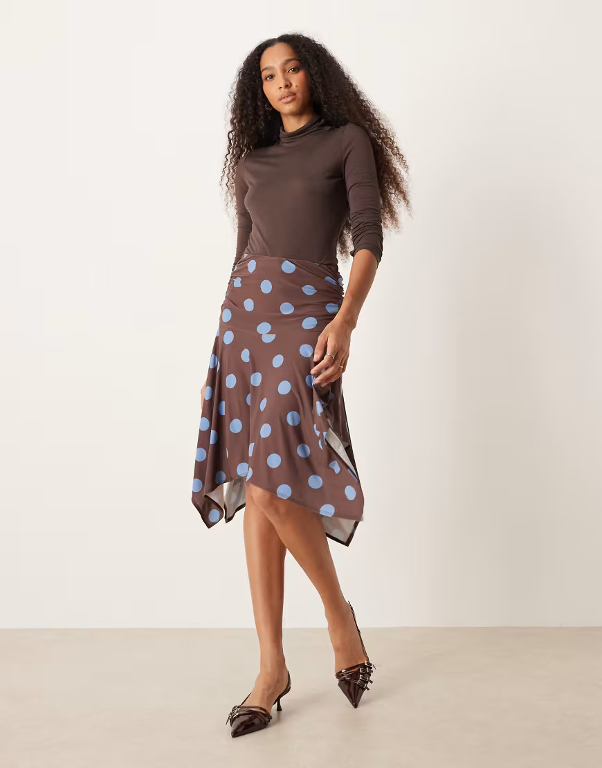 ASOS DESIGN slinky hanky hem midi skirt in brown and blue polka dot-Multi | ASOS (Global)