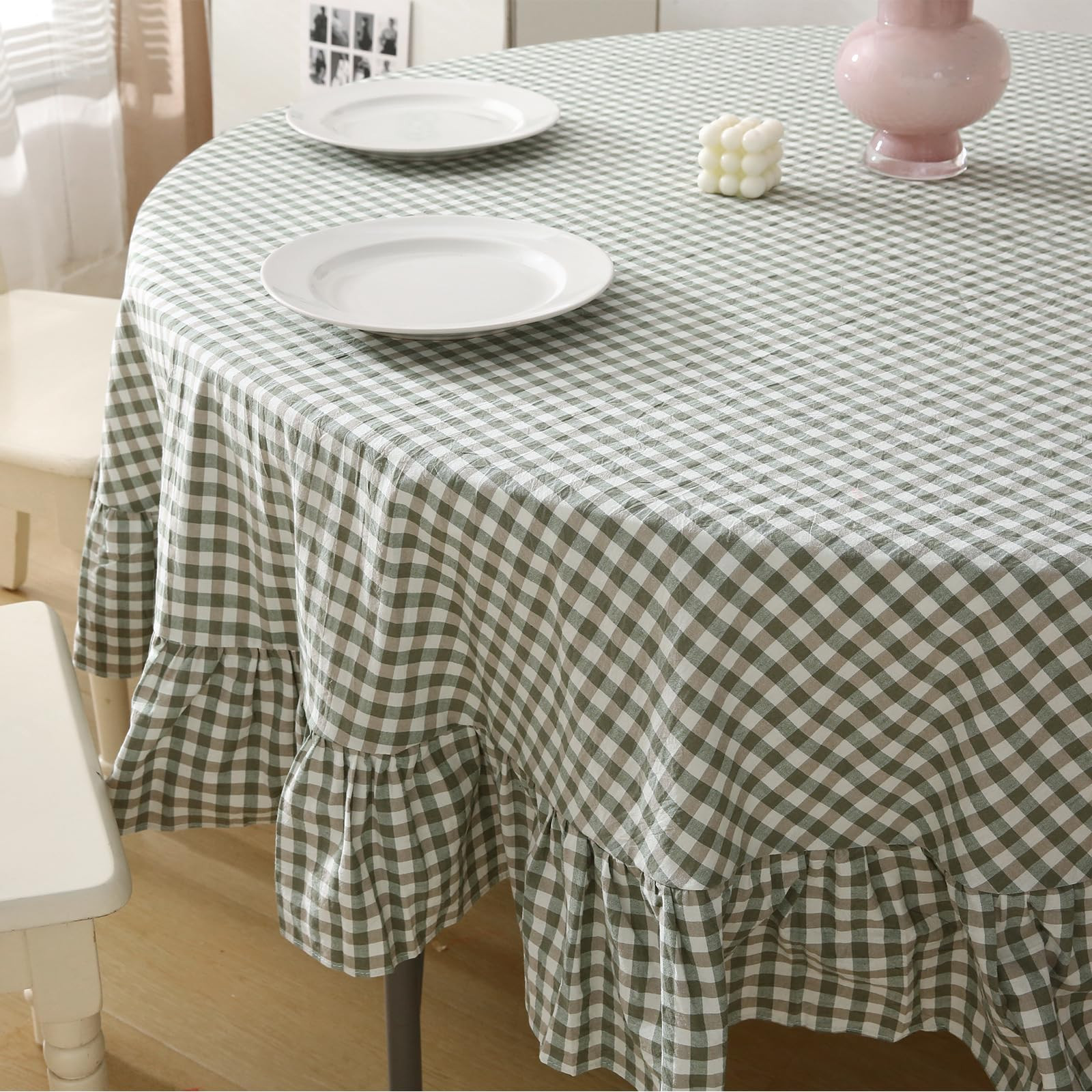 Sage Green Plaid Ruffled Table Cloth Round Cover, 100% Washed Cotton Farmhouse Checker Gingham Vi... | Amazon (US)