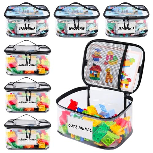 Tesuko 6 Pack Clear Toy Storage Bag with Name Tag& Manual Pocket, Waterproof Transparent PVC Toy Organizer Case for Lego Bricks, Board Games, Building Blocks, Puzzles (Large Capacity, Black) | Amazon (US)