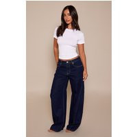 Indigo Mid Rise Stretch Barrel Jeans | PrettyLittleThing IE