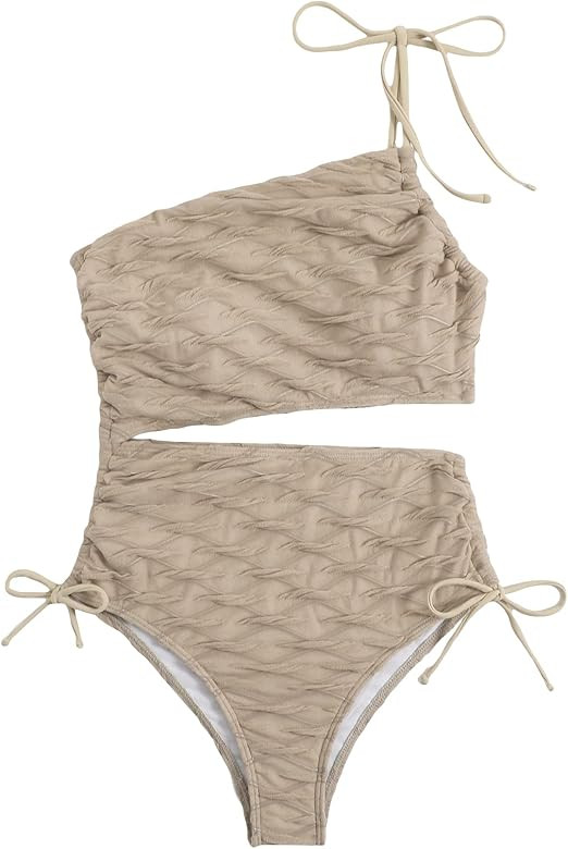 OYOANGLE Women's One Shoulder Knitted Cut Out One Piece Swimsuit Ruched Tie Knot High Cut Bathing... | Amazon (US)