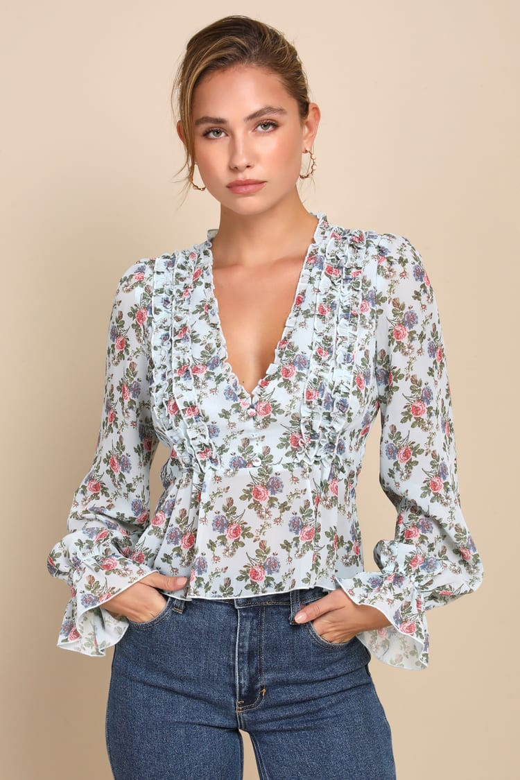 Undeniably Darling Light Blue Floral Chiffon Balloon Sleeve Top | Lulus