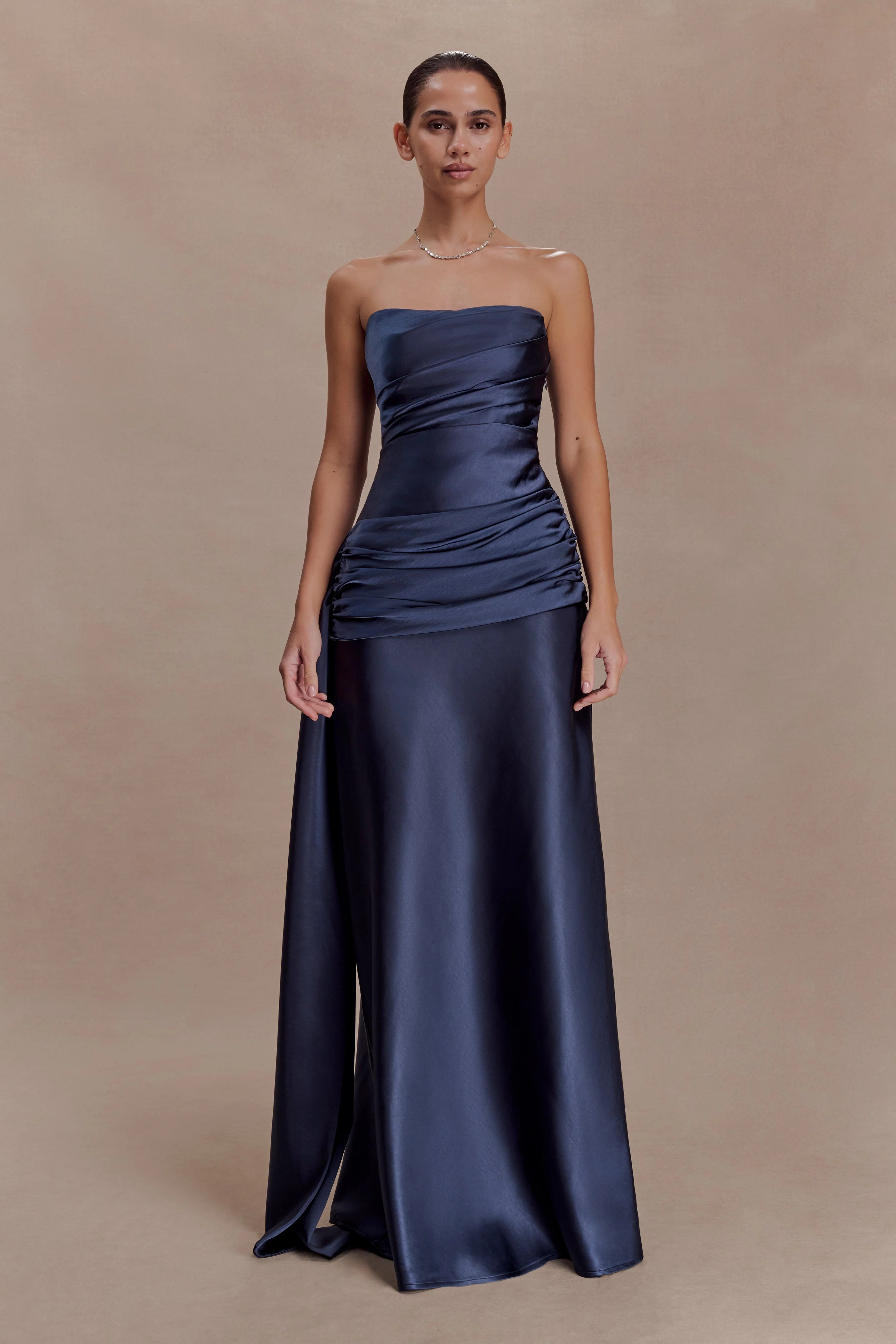 Sarah Strapless Maxi Dress With Waist Tie - Navy | MESHKI US