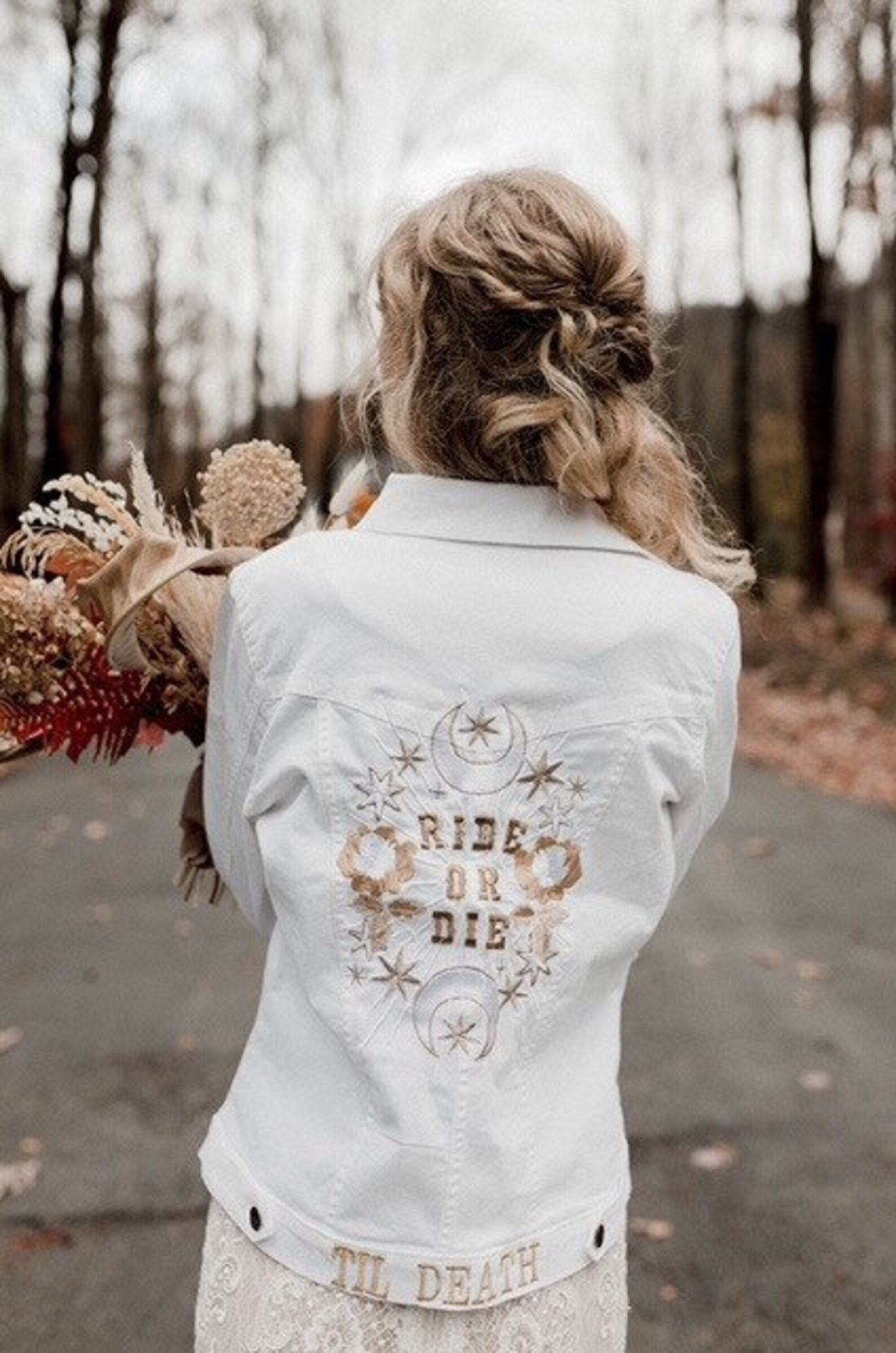 Ride or Die. White Denim Jacket.  White/ Gold/ champagne a | Etsy | Etsy (US)