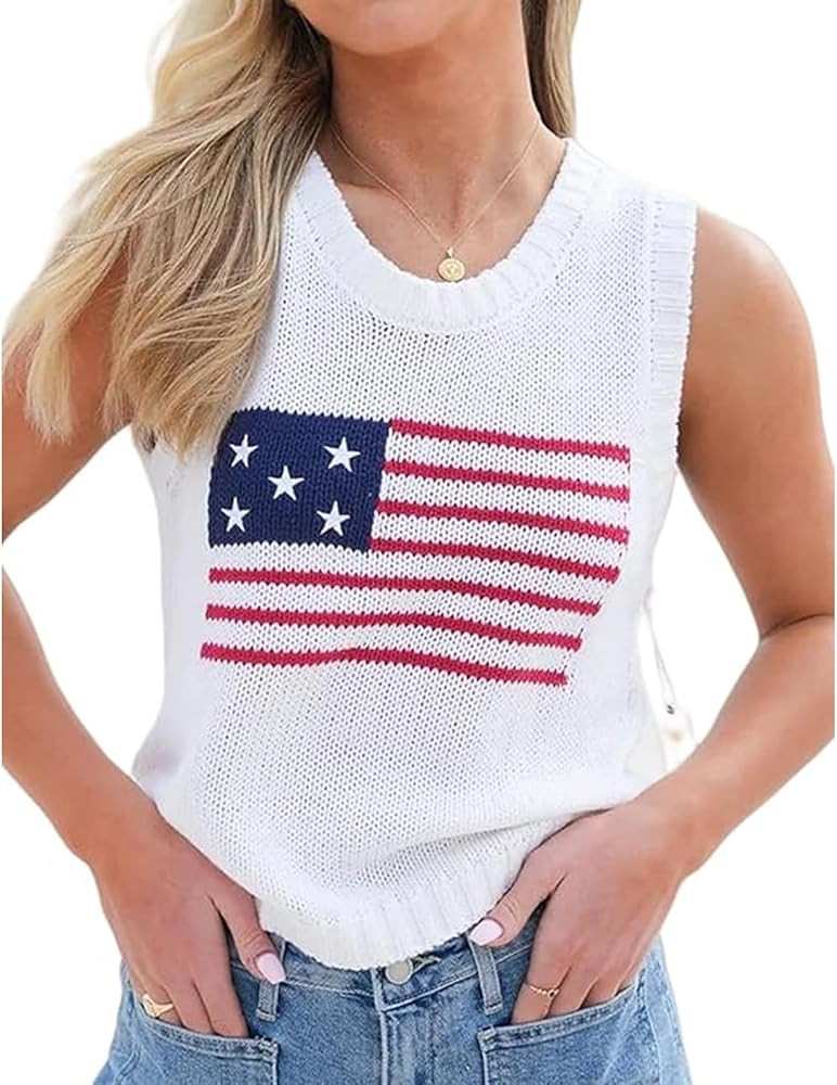 Women Flag Sweater Vest Sleeveless Crew Neck Ribbed Knit Sweater Lightweight Patriotic Summer Tan... | Amazon (US)