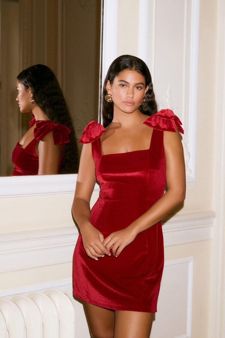 Buy Berry Red Velvet Bow Detail Mini Dress from the Next UK online shop | Lipsy