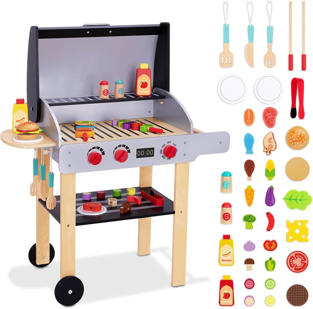 Wooden Play Barbecue Toy Grill, Kids Grill Playset with Play Food and Grilling Tools, Play Kitche... | Amazon (US)