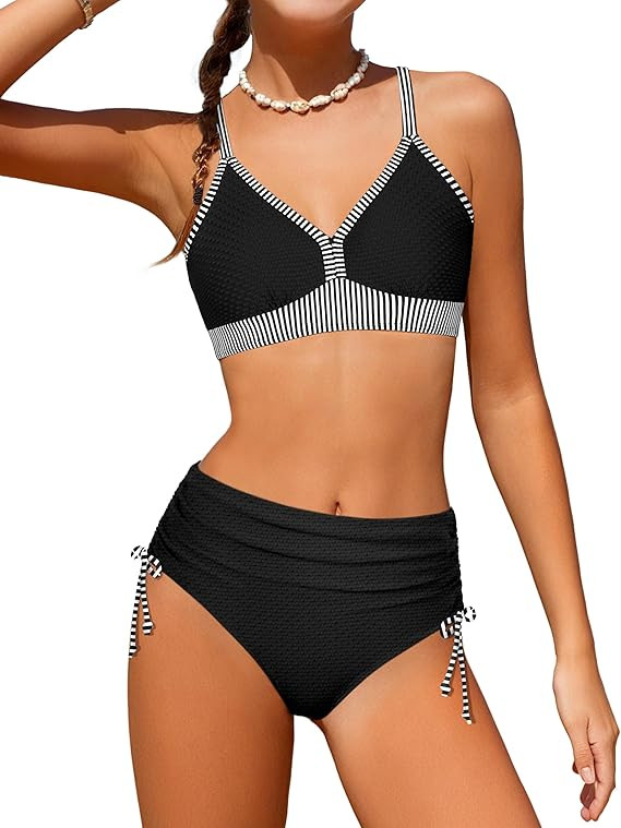 Girls Swimsuit V-Neck Solid Color Stripe Tie Back with Cover Up Skirt 3 Piece Bikini Set Teen Gir... | Amazon (US)