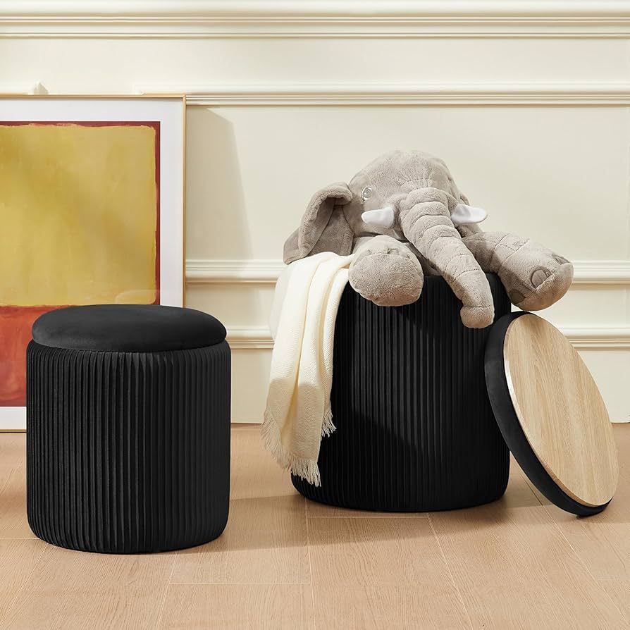 Round Black Ottoman with Storage Set of 2 Multifunctional Upholstered Velvet Makeup Vanity Stool ... | Amazon (US)