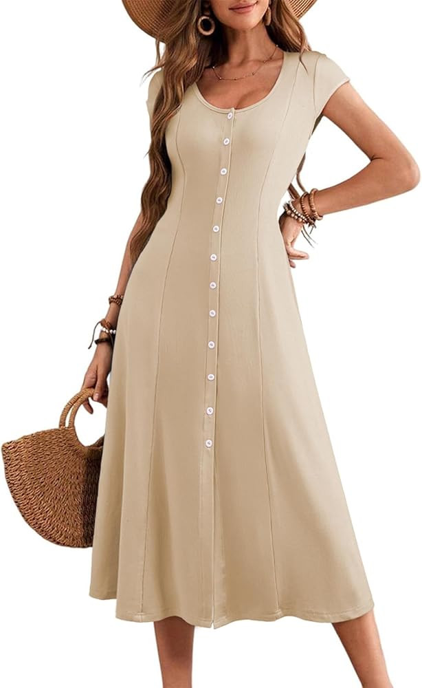 AlvaQ Womens Dress 2025 Spring Summer Casual Short Sleeve Long Dress Split Flowy Beach A Line Kni... | Amazon (US)