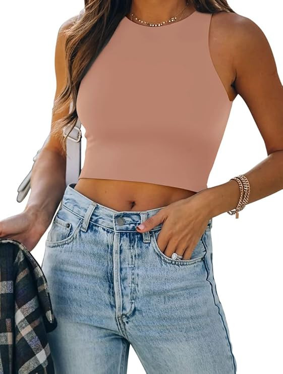 REORIA Women's Sleeveless Halter Neck Double Lined Casual Basic Tank Crop Tops | Amazon (US)