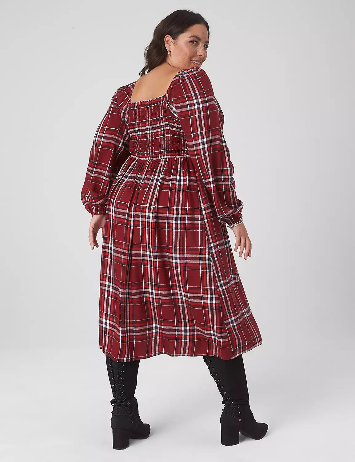 Square-Neck Smocked Plaid Midi Dress | LaneBryant | Lane Bryant (US)