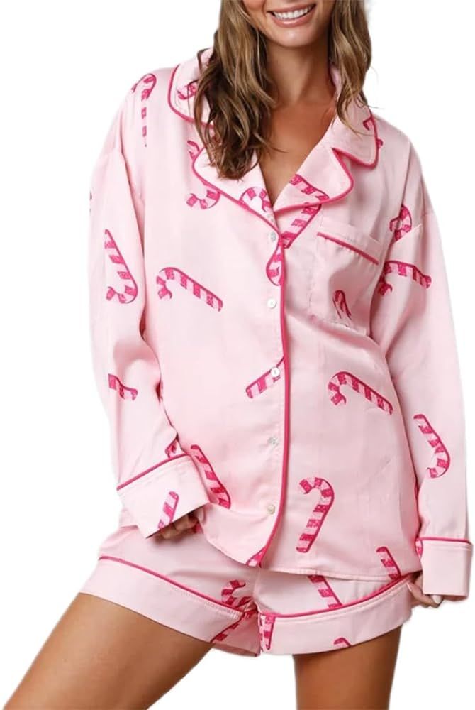 Creaion Women Christmas PJs Sets Pink Santa Pajamas Long Sleeve Collar Shirt and Short Pajama Pan... | Amazon (US)