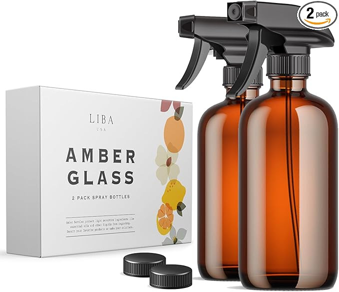 LiBa Amber Glass Spray Bottles 2 Pack, 16 oz Refillable Empty Spray Bottle for Cleaning, Essentia... | Amazon (US)