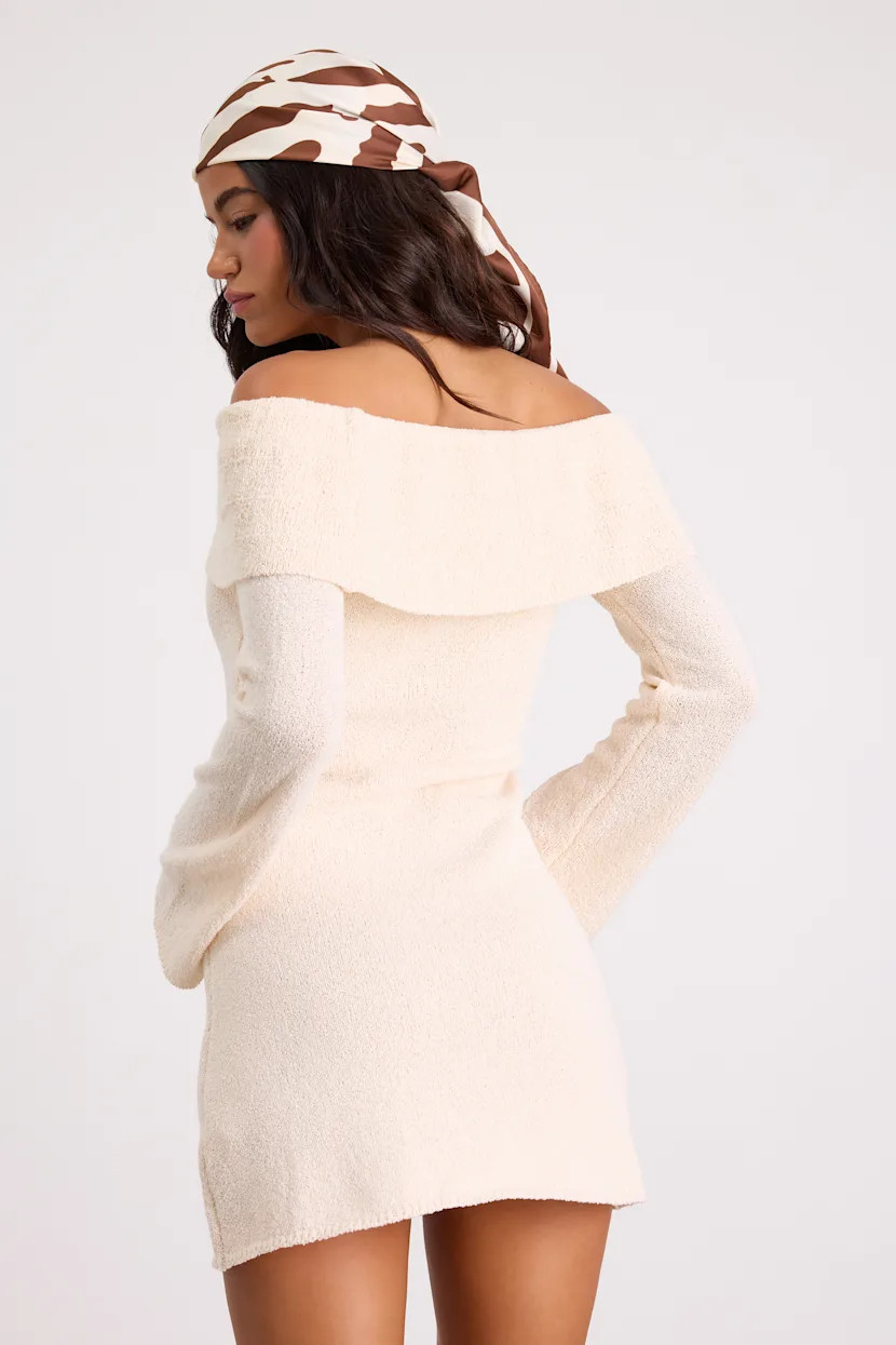 Pemryn Cream Off-the-Shoulder Mini Sweater Dress | Lulus