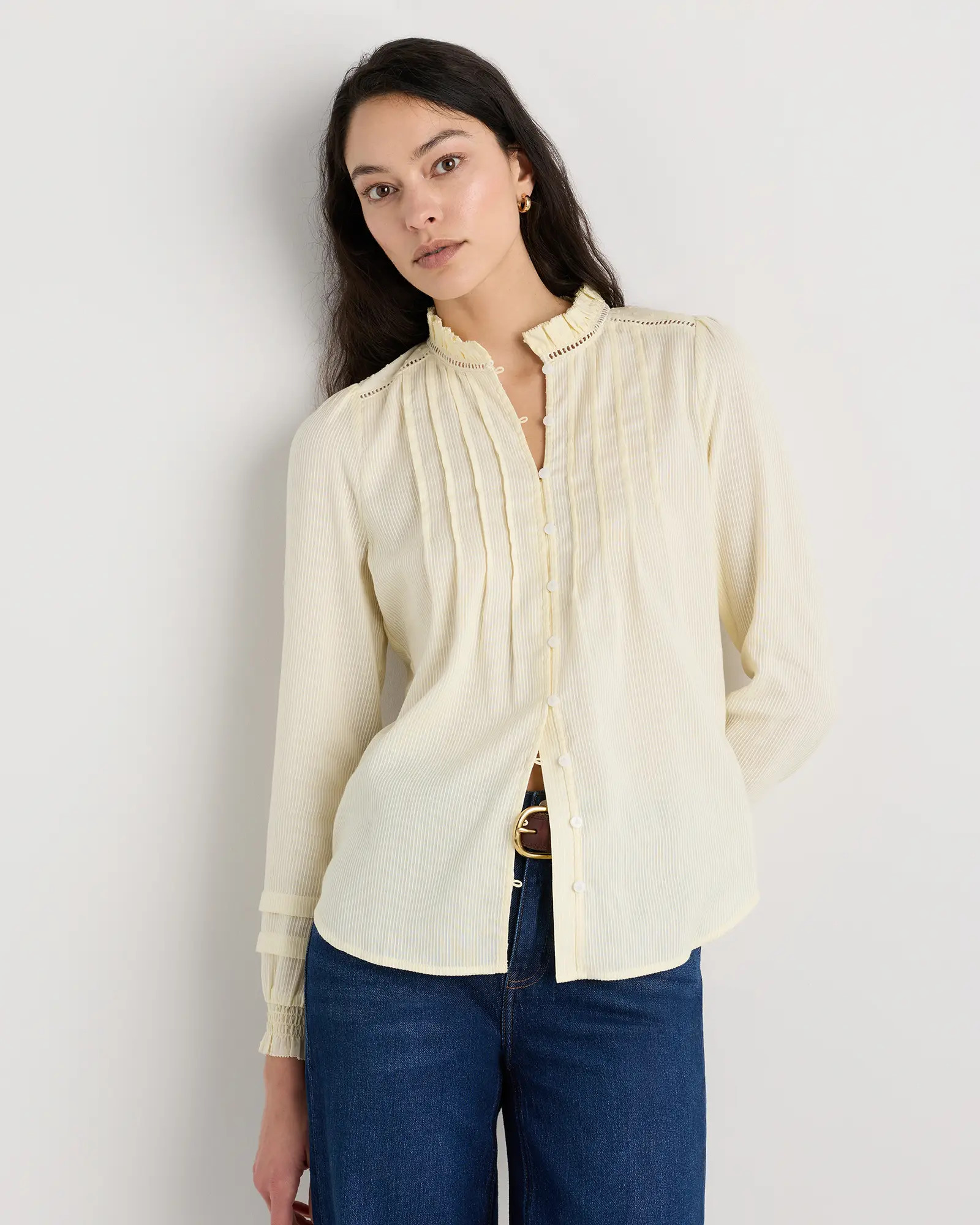 Organic Textured Cotton Peasant Blouse in Pale Custard Yellow | Quince
