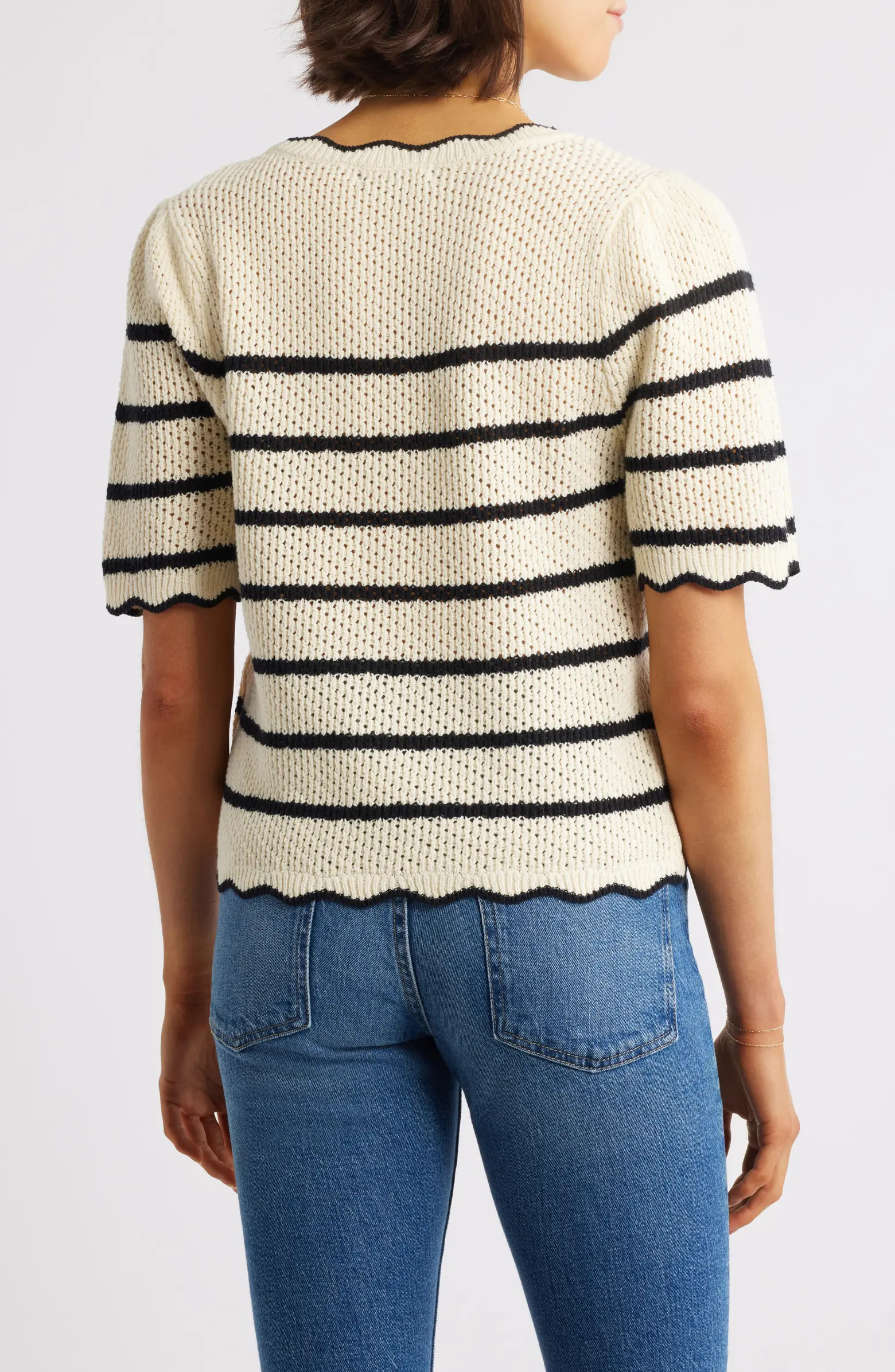 Wit & Wisdom Stripe Scallop Edge Short Sleeve Sweater | Nordstrom | Nordstrom